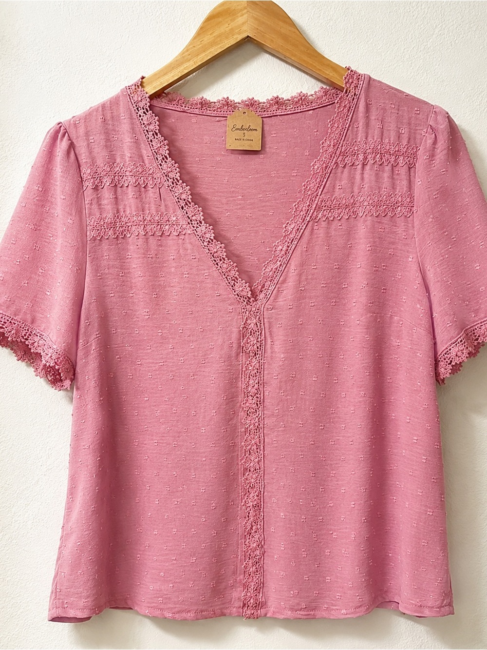 Women's Rose Pink Lace-Trim V-Neck Blouse